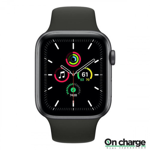 Apple Watch SE, 44 мм, корпус из алюминия цвета «серый космос», черный спортивный ремешок