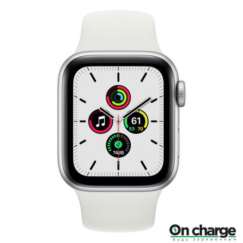 Apple Watch SE, 40 мм, корпус из алюминия серебристого цвета, белый спортивный ремешок